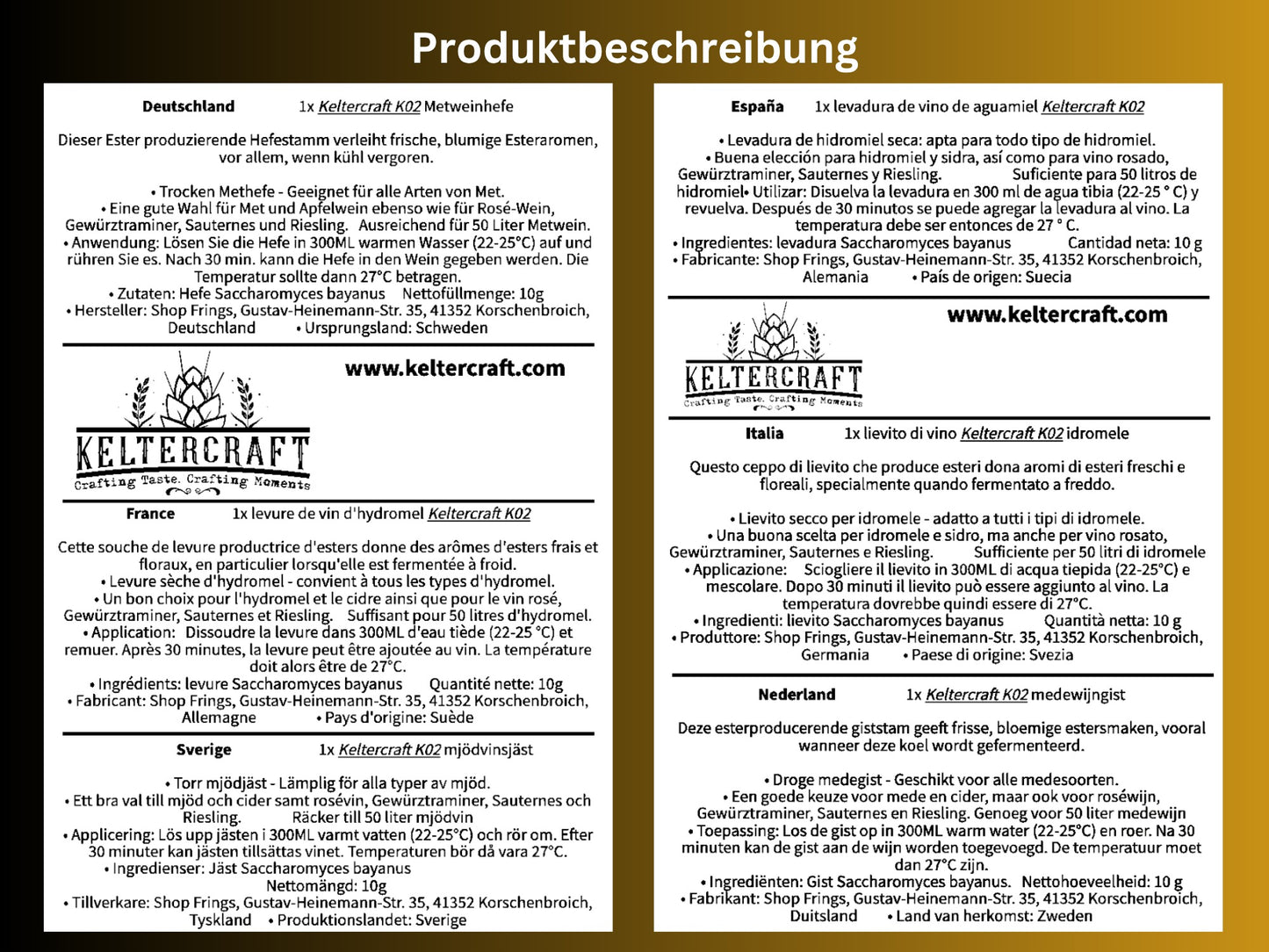 Keltercraft K02 Met Hefe [10g: Für 25L Honigwein] Trockenhefe Weinhefe Reinzuchthefe