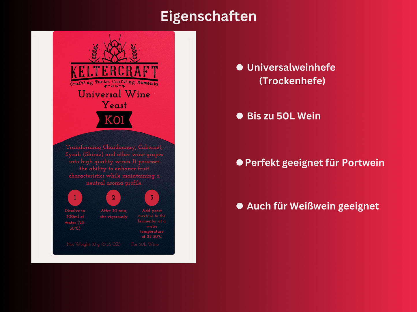Keltercraft K01 Weinhefe [10g: Für 50L Portwein oder Weißwein] Trockenhefe Nährhefe Bordeaux | Mache deinen eigenen Wein!