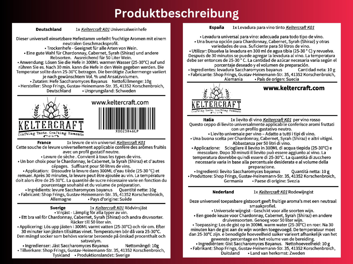 Keltercraft K01 Weinhefe [10g: Für 50L Portwein oder Weißwein] Trockenhefe Nährhefe Bordeaux | Mache deinen eigenen Wein!