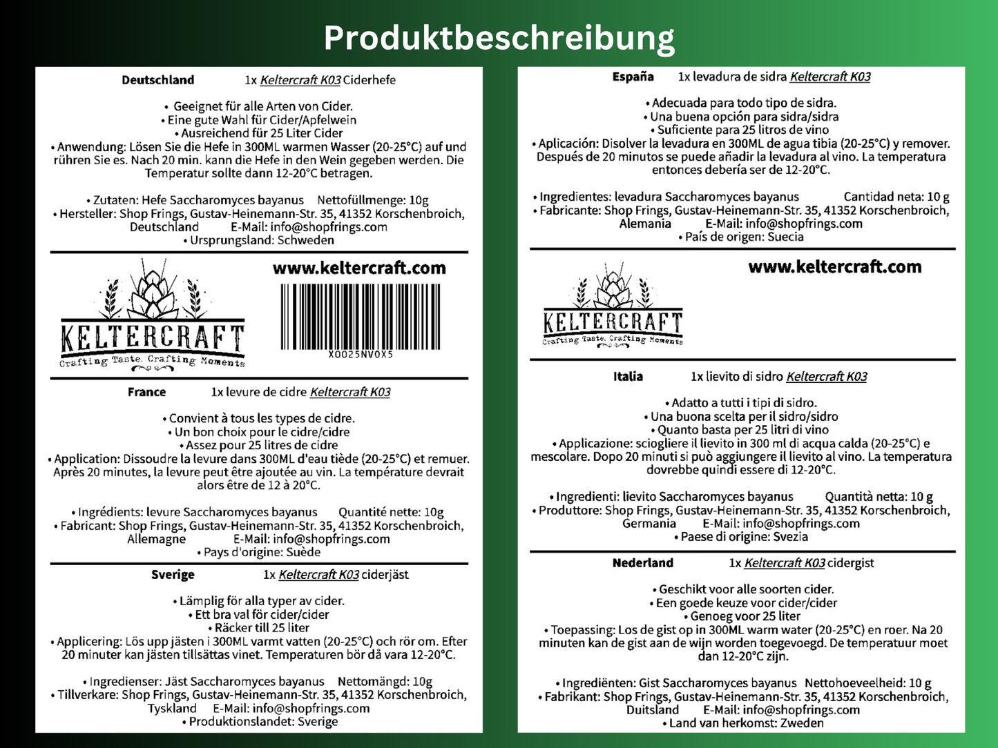 Keltercraft K03 Cider Hefe [10g: Für 25L Apfelwein] Trockenhefe Weinhefe Reinzuchthefe
