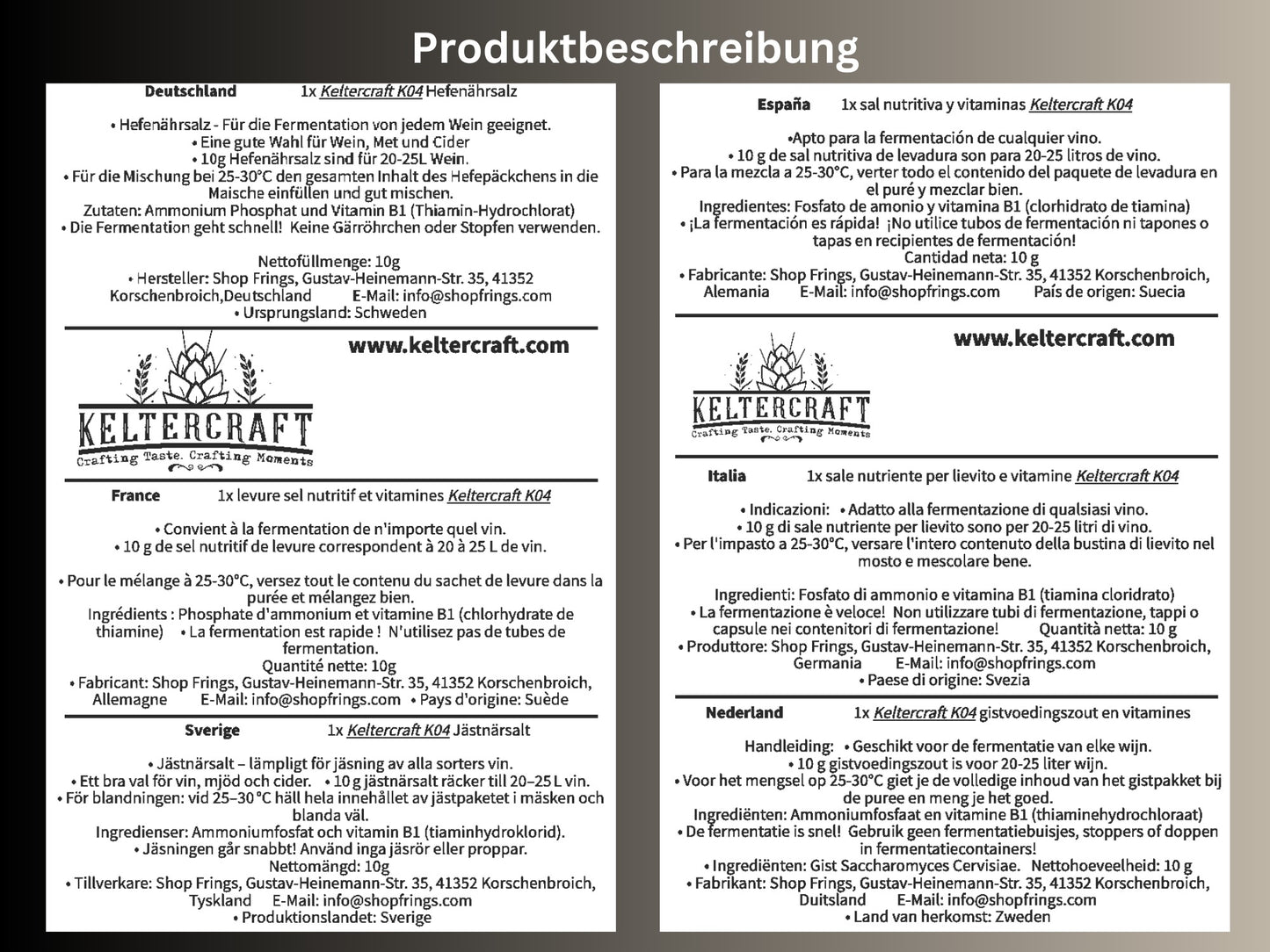 Keltercraft K04 Hefenährsalz [10g: Für 25L Wein/Met/Cider] Gärsalz Hefenahrung DAP mit Vitaminen Nährsalz für Gärung