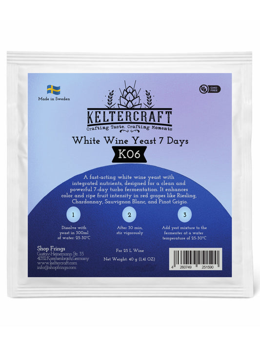 Keltercraft K06 Weinhefe [Für 25L Weißwein] Trockenhefe Nährhefe inkl. Hefenährsalz und Enzyme | Mache deinen eigenen Wein in 7 Tagen!