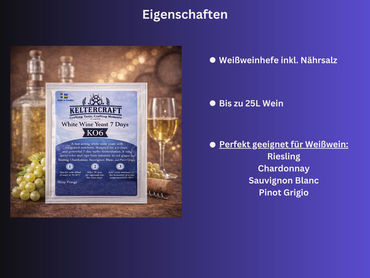 Keltercraft K06 Weinhefe [Für 25L Weißwein] Trockenhefe Nährhefe inkl. Hefenährsalz und Enzyme | Mache deinen eigenen Wein in 7 Tagen!