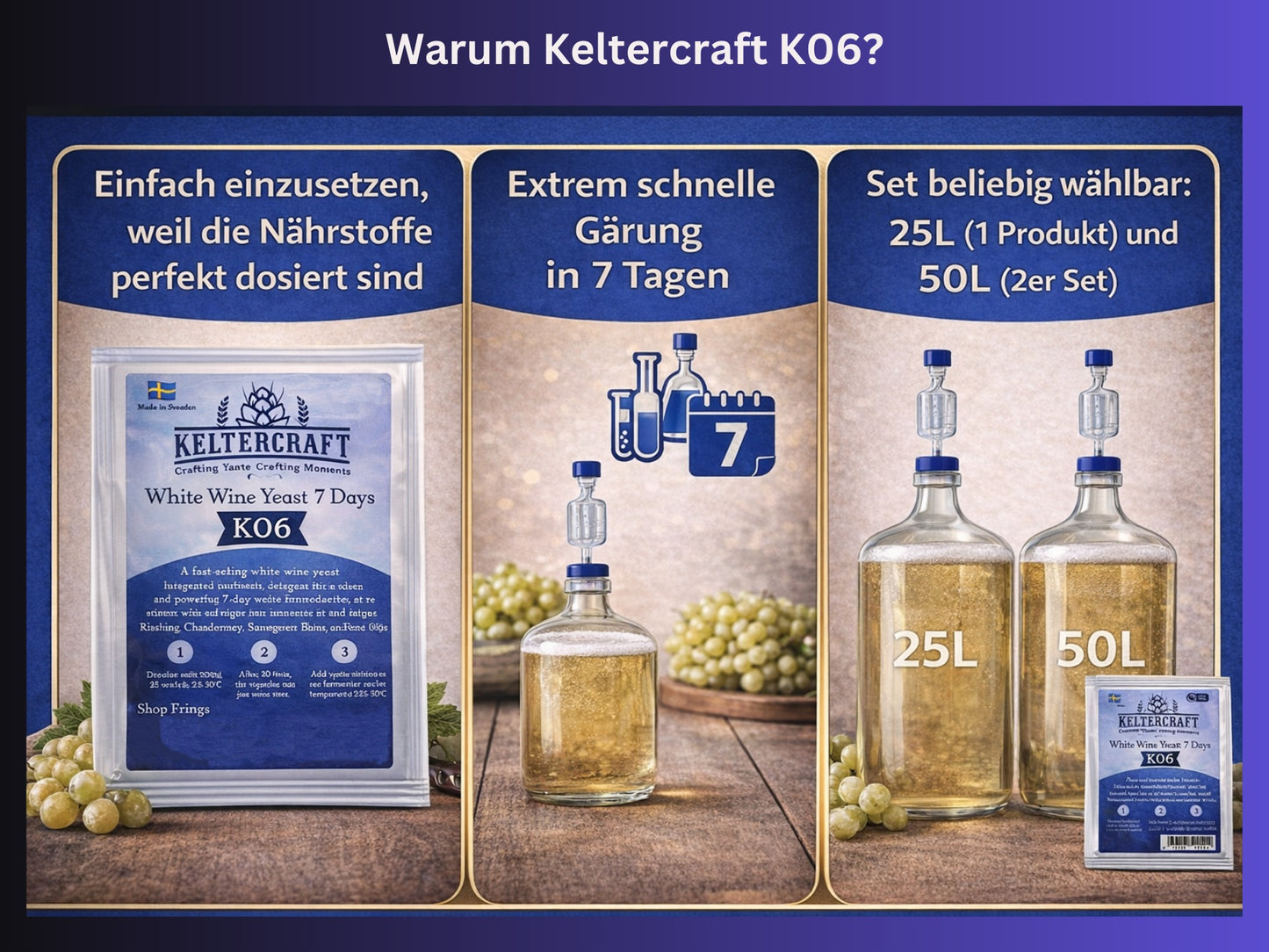 Keltercraft K06 Weinhefe [Für 25L Weißwein] Trockenhefe Nährhefe inkl. Hefenährsalz und Enzyme | Mache deinen eigenen Wein in 7 Tagen!