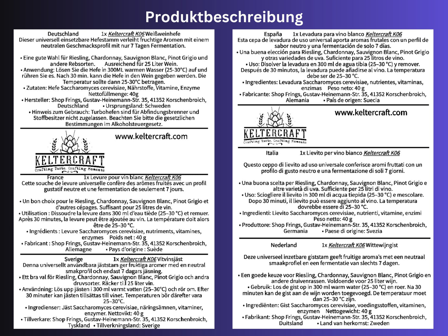 Keltercraft K06 Weinhefe [Für 25L Weißwein] Trockenhefe Nährhefe inkl. Hefenährsalz und Enzyme | Mache deinen eigenen Wein in 7 Tagen!