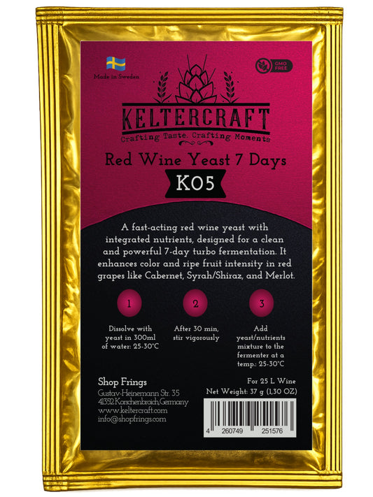 Keltercraft K05 Weinhefe [Für 25L Rotwein] Trockenhefe Nährhefe inkl. Hefenährsalz und Enzyme | Mache deinen eigenen Wein in 7 Tagen!