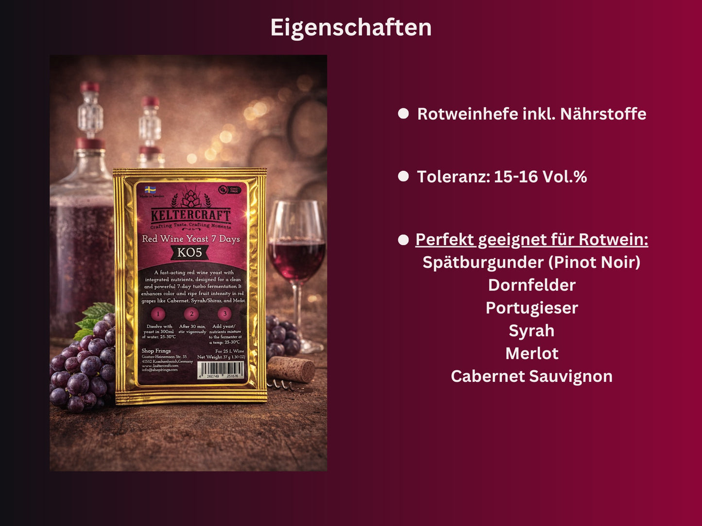 Keltercraft K05 Weinhefe [Für 25L Rotwein] Trockenhefe Nährhefe inkl. Hefenährsalz und Enzyme | Mache deinen eigenen Wein in 7 Tagen!