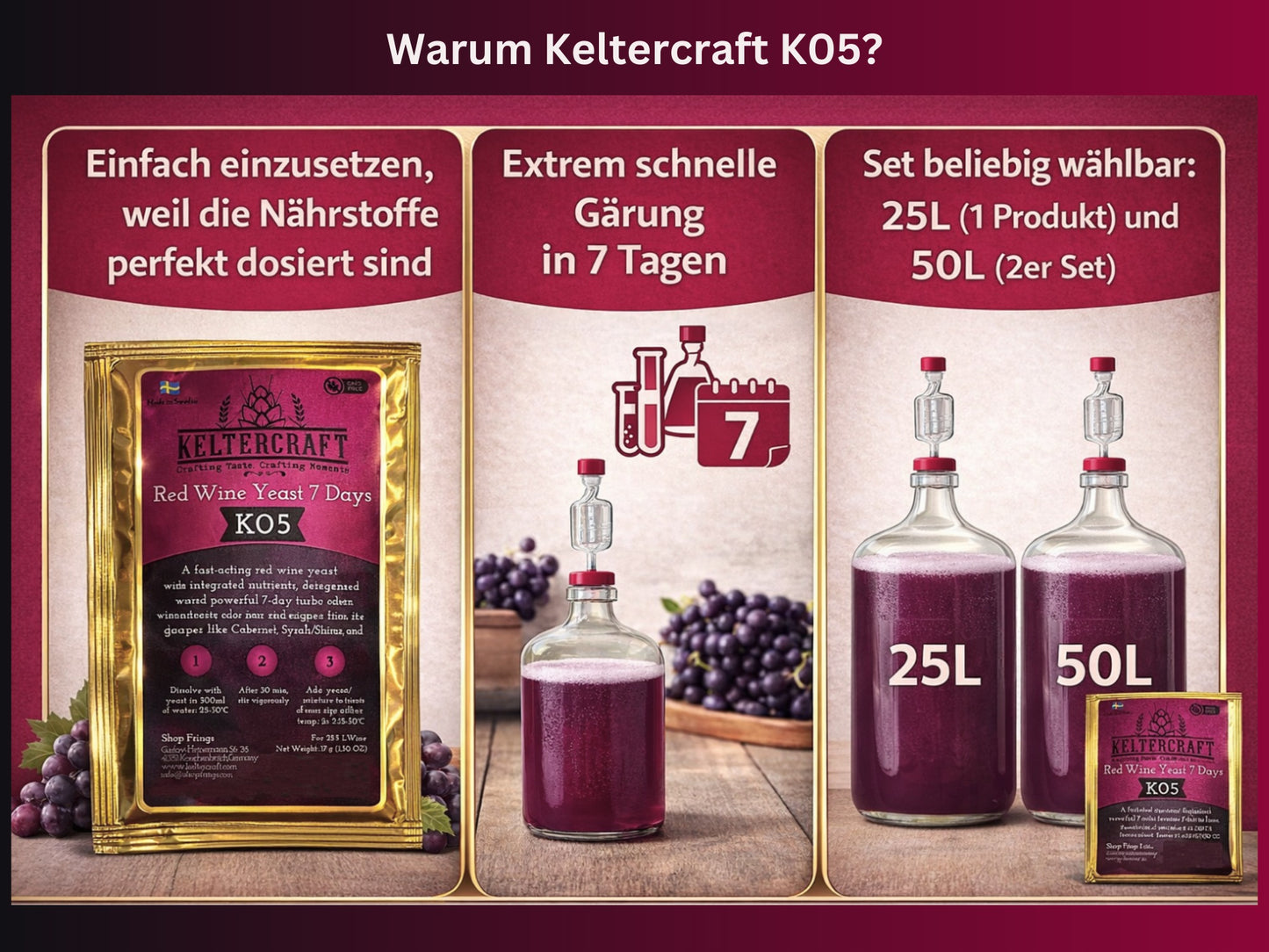 Keltercraft K05 Weinhefe [Für 25L Rotwein] Trockenhefe Nährhefe inkl. Hefenährsalz und Enzyme | Mache deinen eigenen Wein in 7 Tagen!