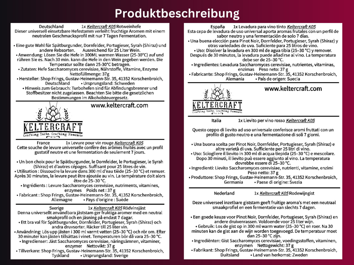 Keltercraft K05 Weinhefe [Für 25L Rotwein] Trockenhefe Nährhefe inkl. Hefenährsalz und Enzyme | Mache deinen eigenen Wein in 7 Tagen!