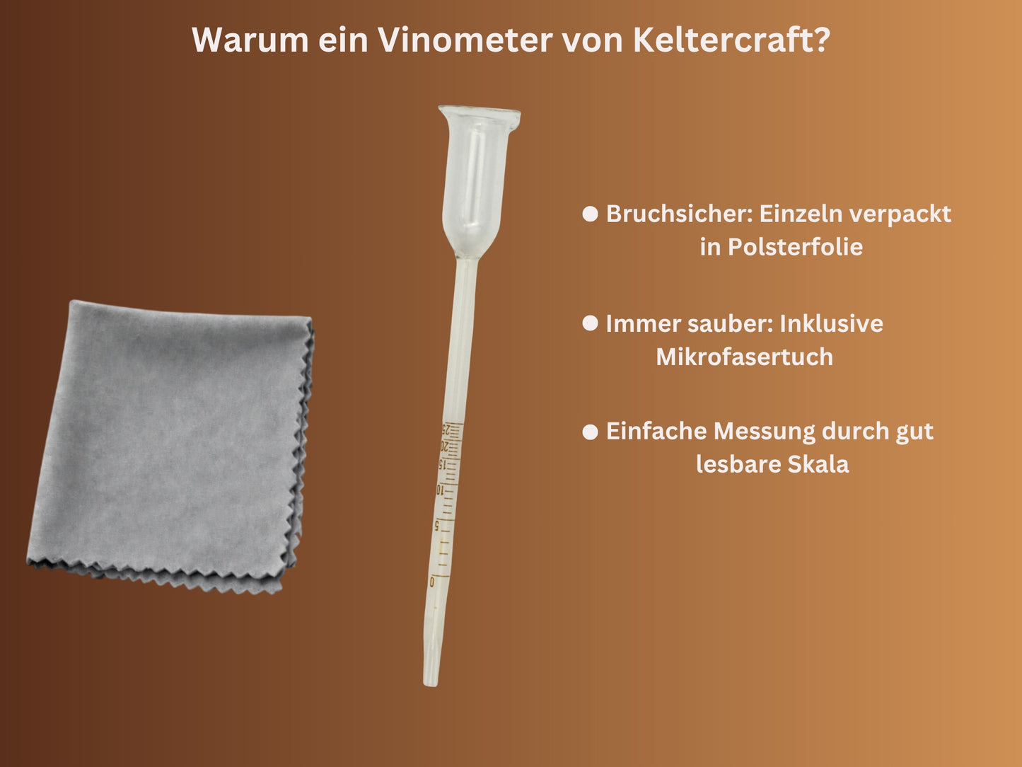 Keltercraft Vinometer 0–25% Vol Alkoholmeter – Präzises Messgerät für Wein, Obstwein, Fruchtwein – Für Hobby Winzer & DIY Getränke – inkl. Mikrofasertuch